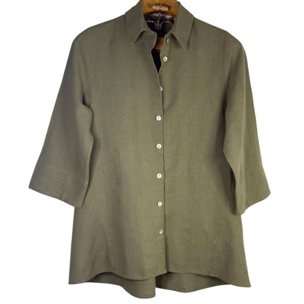 Soft Surrounding Olive Green Linen Cotton Button Down Blouse Sz: S
